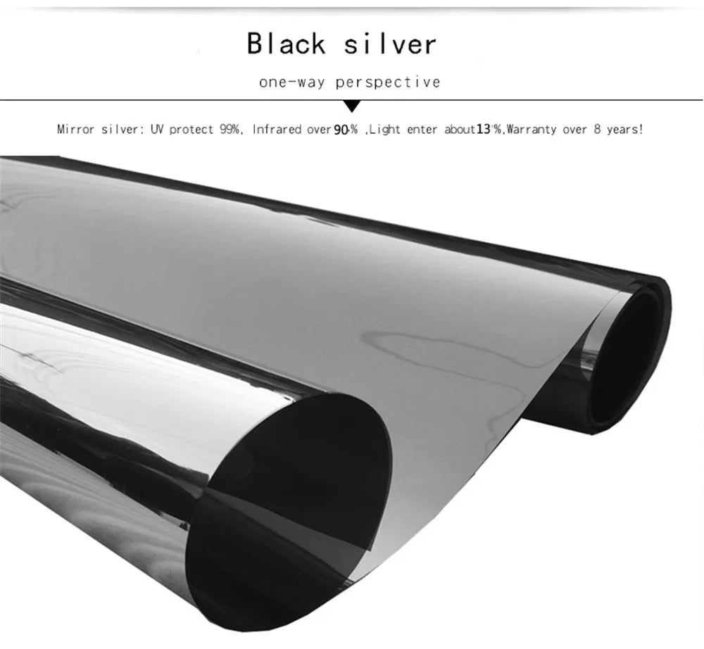 Black Silver One way mirror film specifications showing UV protection and infrared and light blocking percent blocking heat reduction