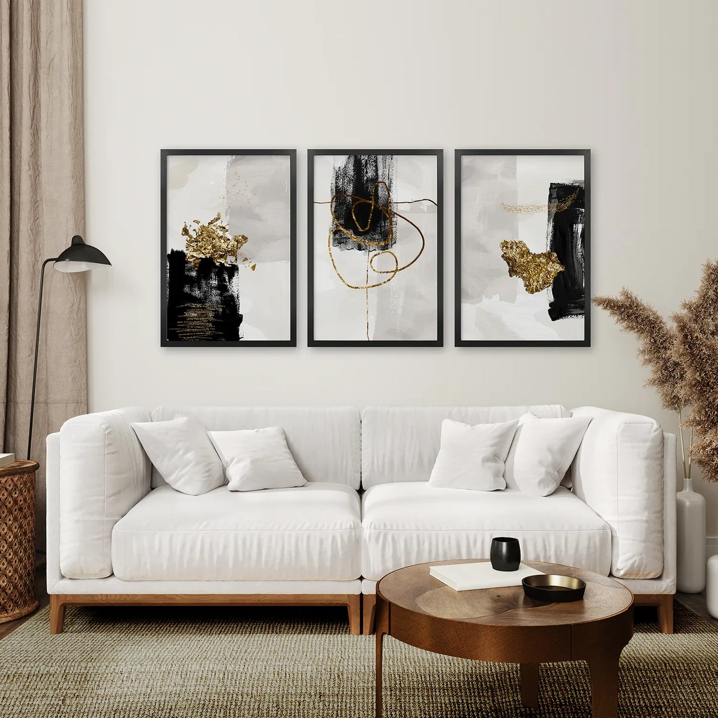 Black and Gold Abstract Wall Art Set of 3, Modern Style