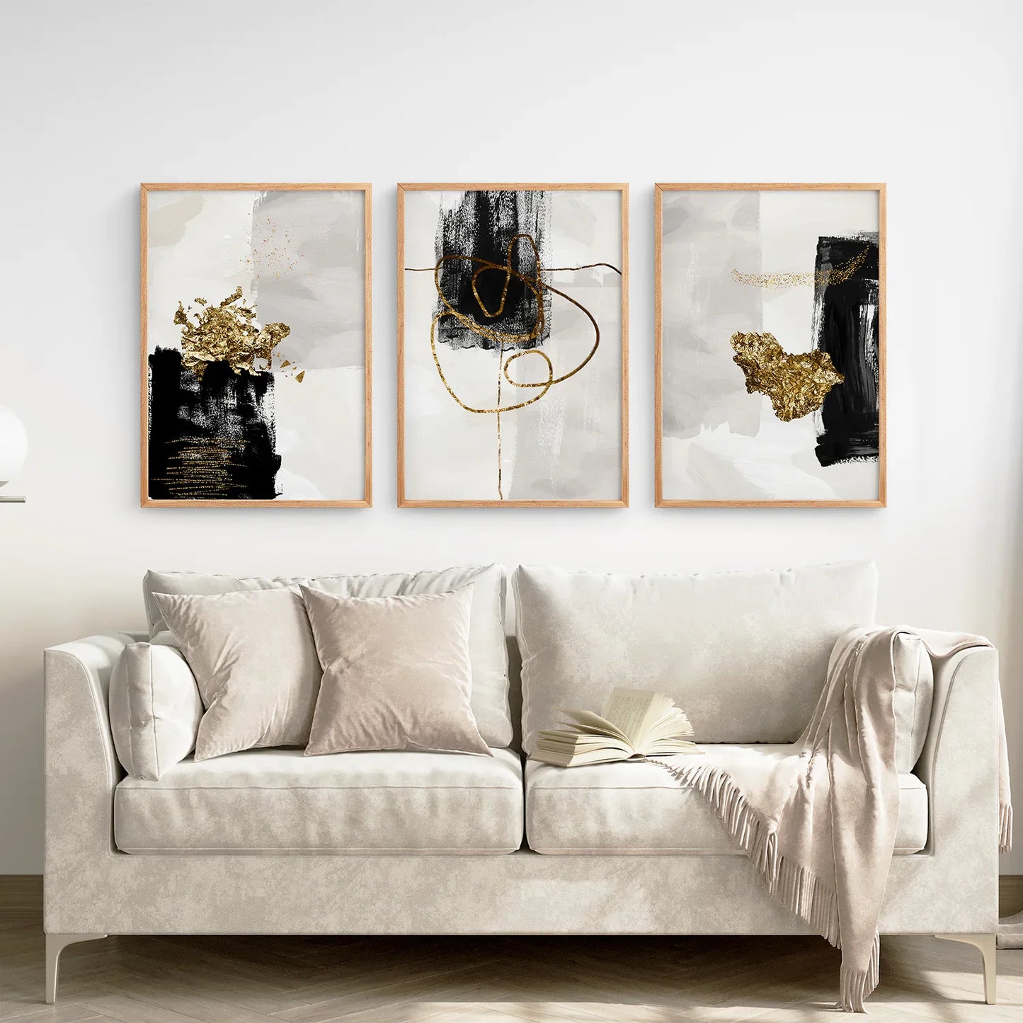 Black and Gold Abstract Wall Art Set of 3, Modern Style