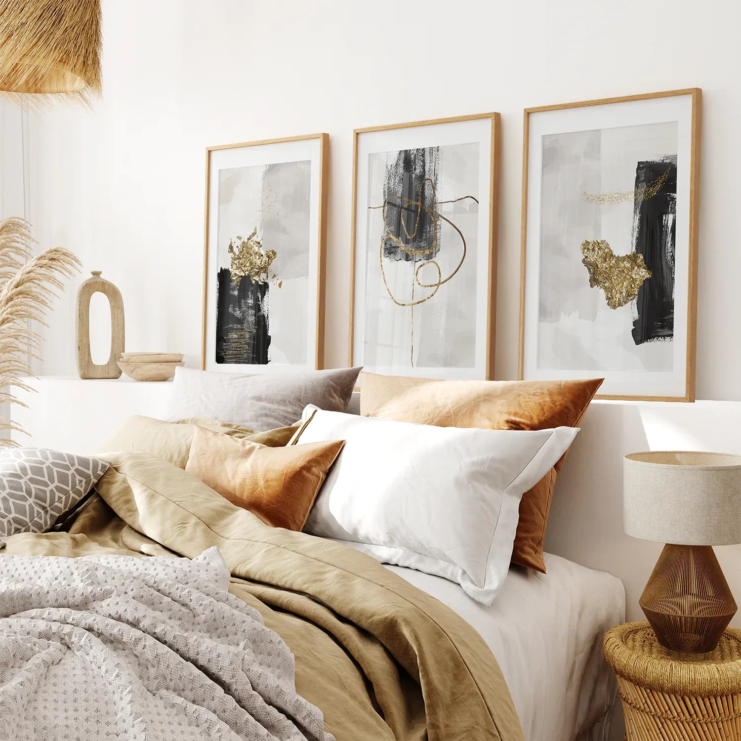 Black and gold modern abstract brushstroke wall art set of 3