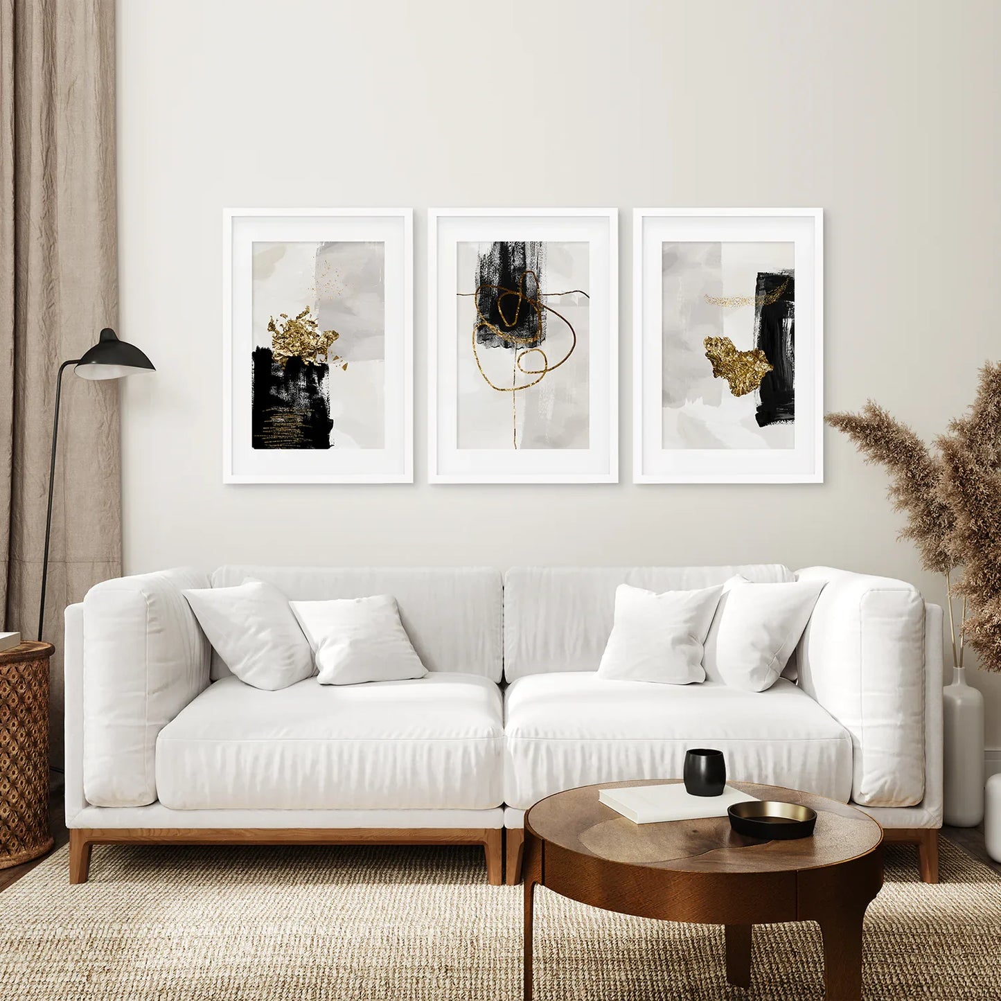 Black and Gold Abstract Wall Art Set of 3, Modern Style