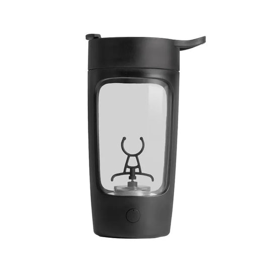 Black automatic mixing sports bottle with transparent body and electric whisk base