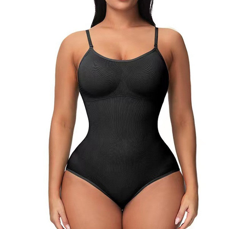 Black bodysuit worn by a model on a white background