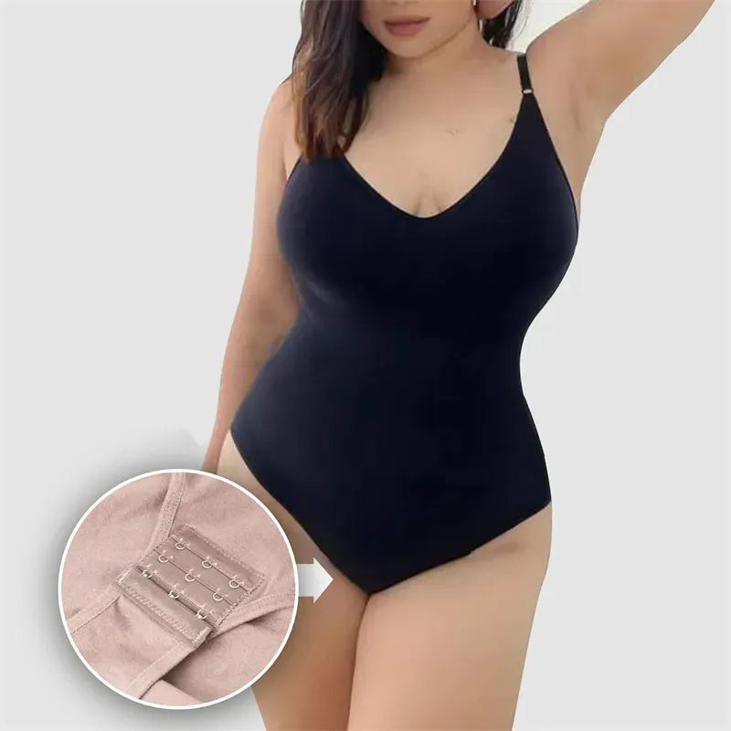 Black bodysuit worn by a model with an inset showing the strap details for easy bathroom use on a light gray background.