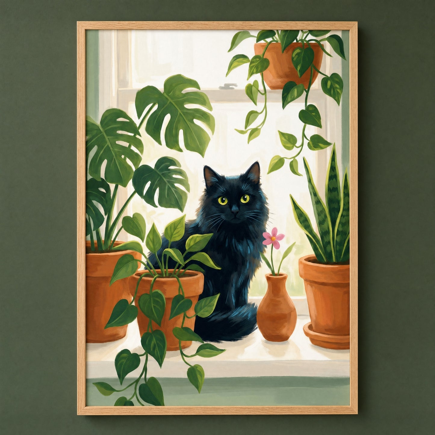 Black cat with monstera and pothos plant lover wall art, wood frame on a deep forest green wall