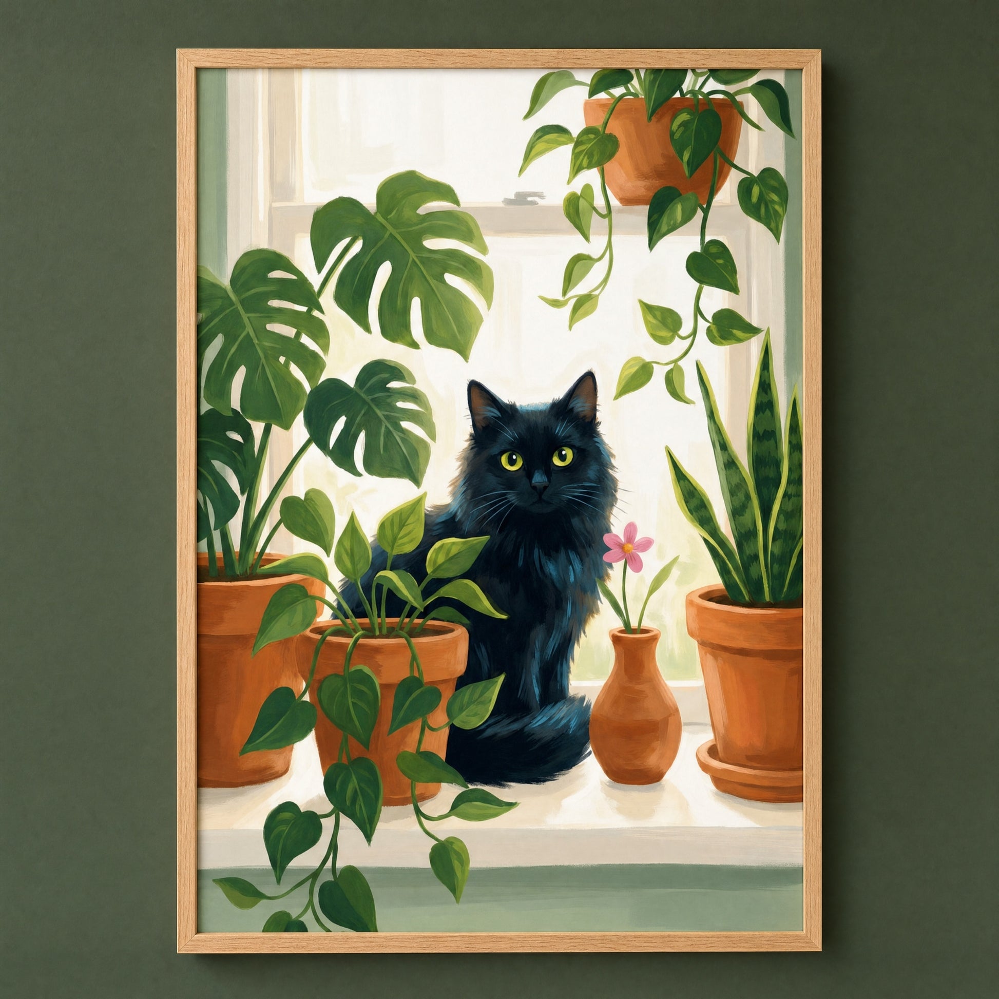 Black cat with monstera and pothos plant lover wall art, wood frame on a deep forest green wall