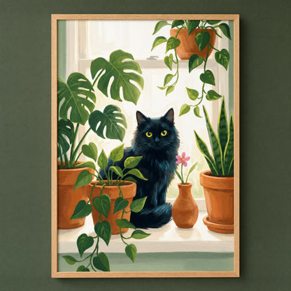 Black cat with monstera and pothos plant lover wall art, wood frame on a deep forest green wall