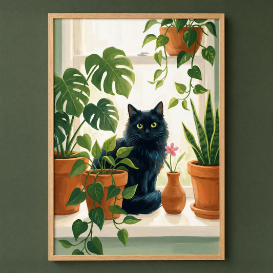 Black cat with monstera and pothos plant lover wall art, wood frame on a deep forest green wall
