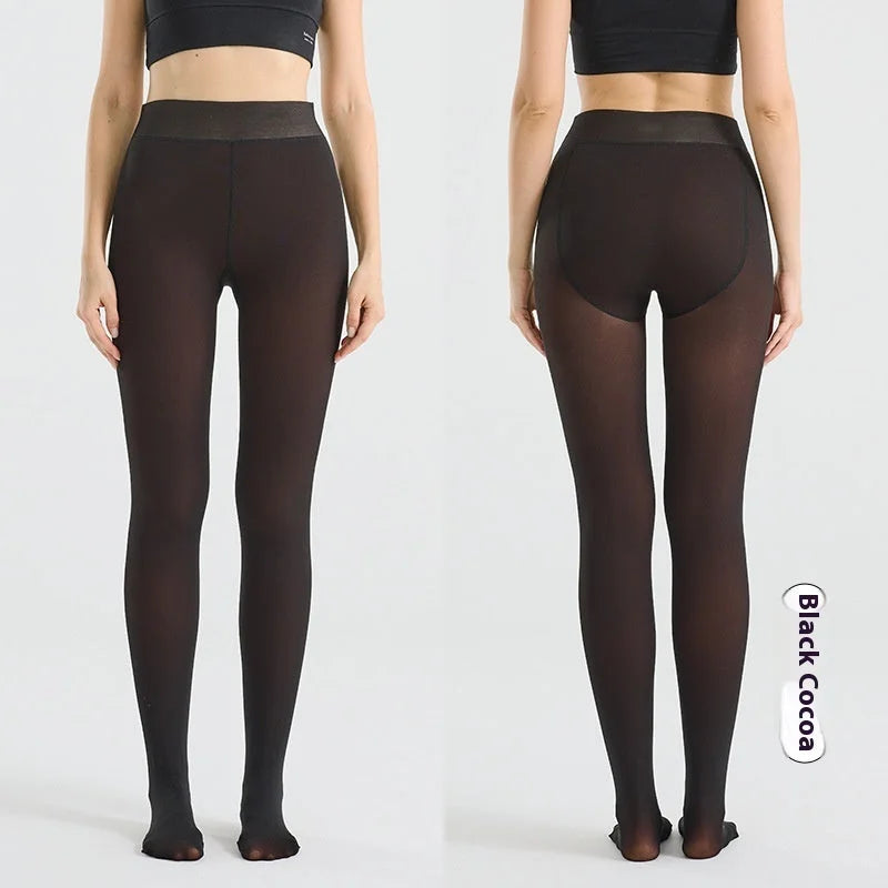 Black cocoa sheer tights front and back view - women's warm high-waist one-piece pantyhose