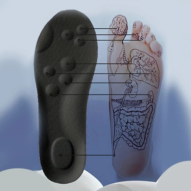 Black foot sole with anatomical diagram of a foot acupressure points on a blue background