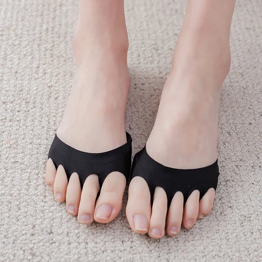 Black forefoot pad socks with toe slots worn on feet for pain relief and heel cushioning