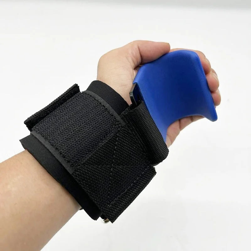 Black grip wrist strap worn on hand holding blue foam pad demonstrating comfortable fit and support for gym training