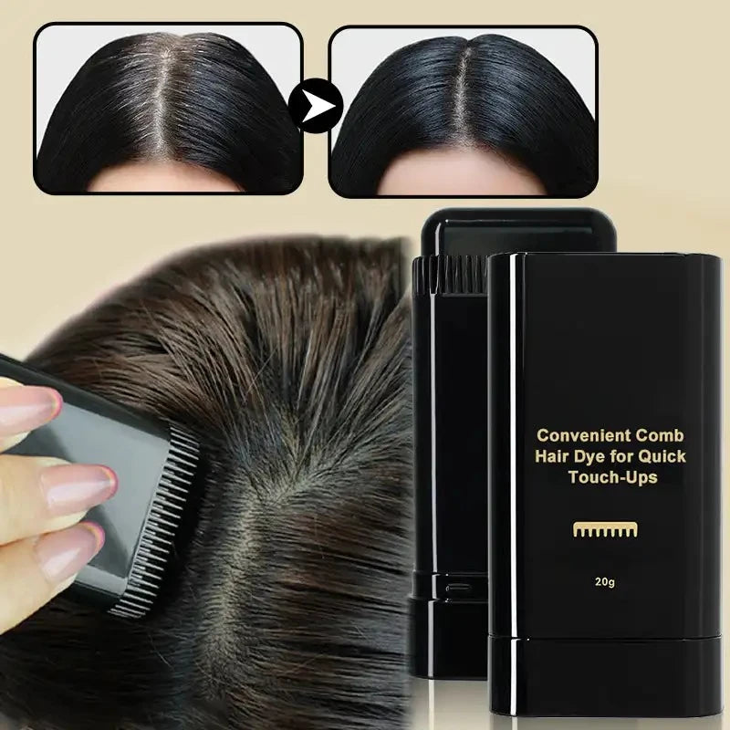Black hair dye comb stick showing before after gray root coverage instant results portable applicator