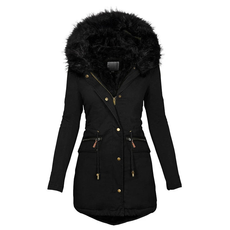 Black hooded winter parka coat women with gold hardware and mid length design