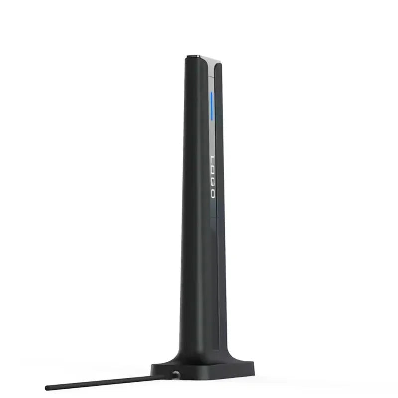 Black indoor HD digital TV antenna side view showing sleek vertical design and blue LED indicator