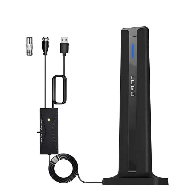 Black indoor HD digital TV antenna with amplifier, 5m cable, USB power and stand for clear reception
