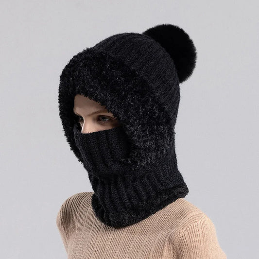 Black knitted winter hat scarf mask with fur trim and pom pom