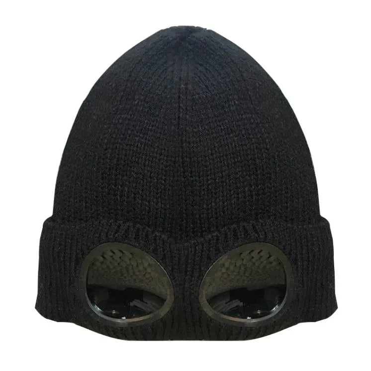 Black knitted wool hat with built-in goggle lenses, front view
