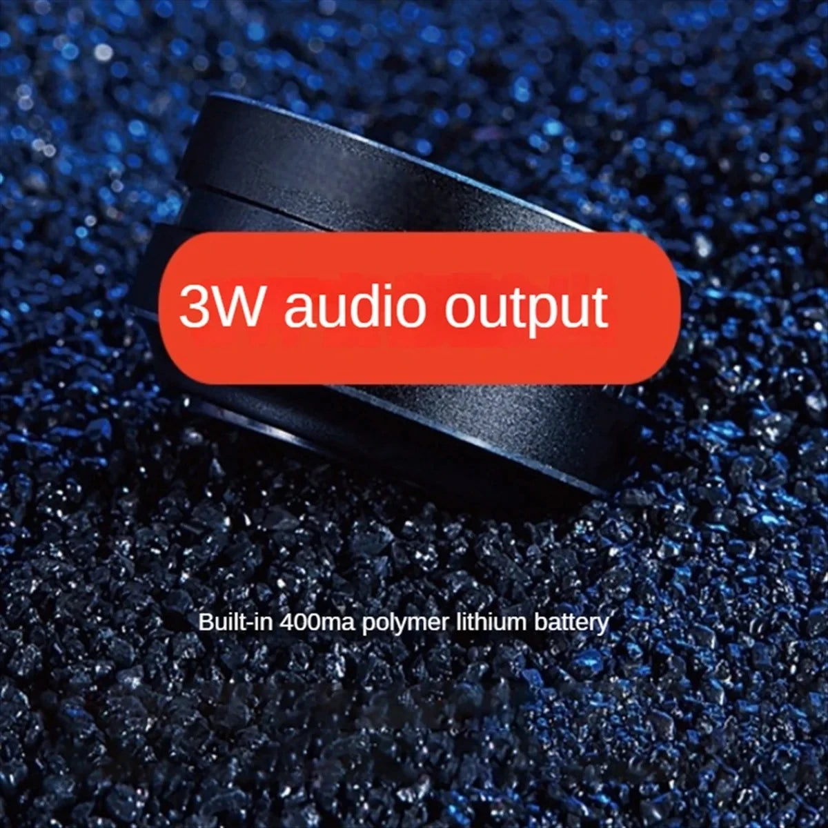 Black mini FM Bluetooth speaker a blue textured background with '3W audio output' text.