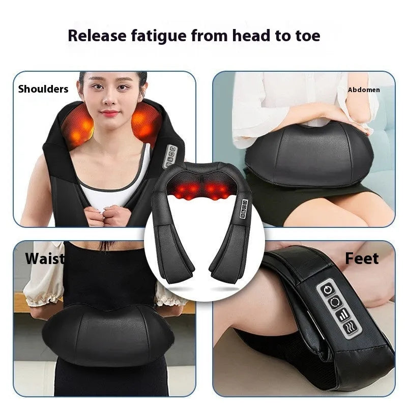 Black multifunctional neck massager used on shoulders, waist, abdomen, and feet