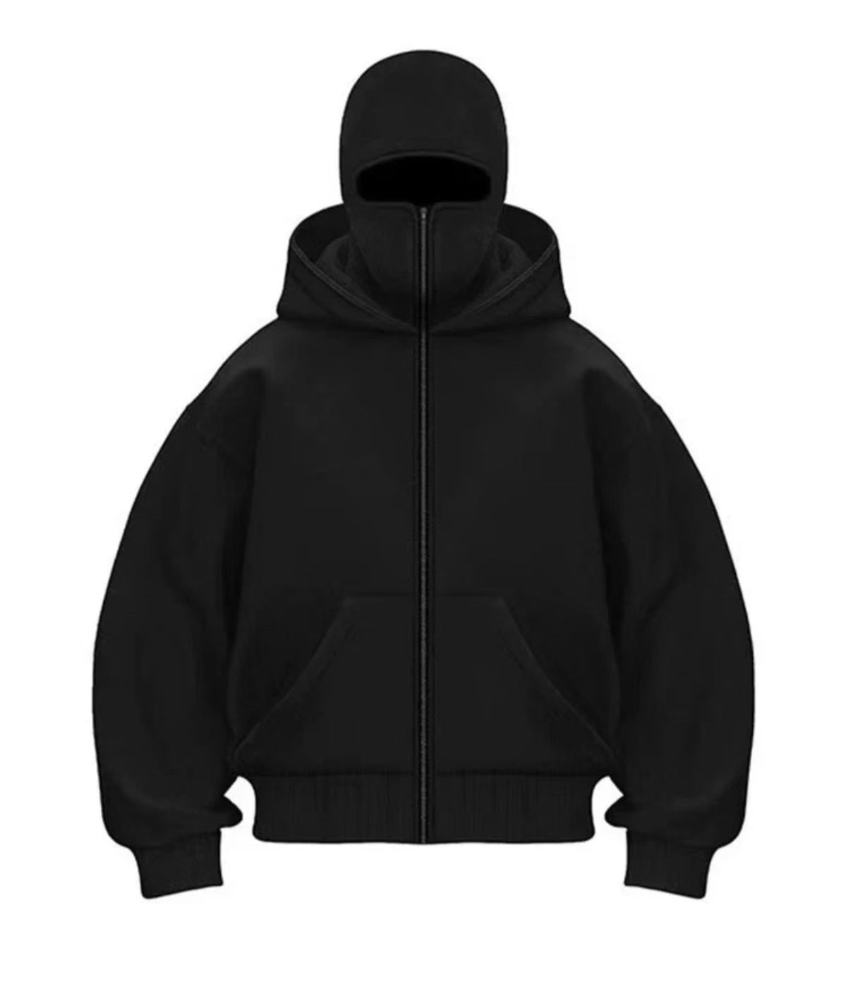 Black ninja hoodie face mask integrated design streetwear style