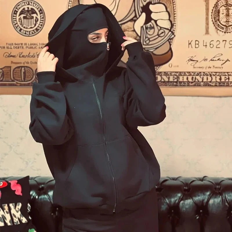 Black ninja hoodie with mask partial zip streetwear look