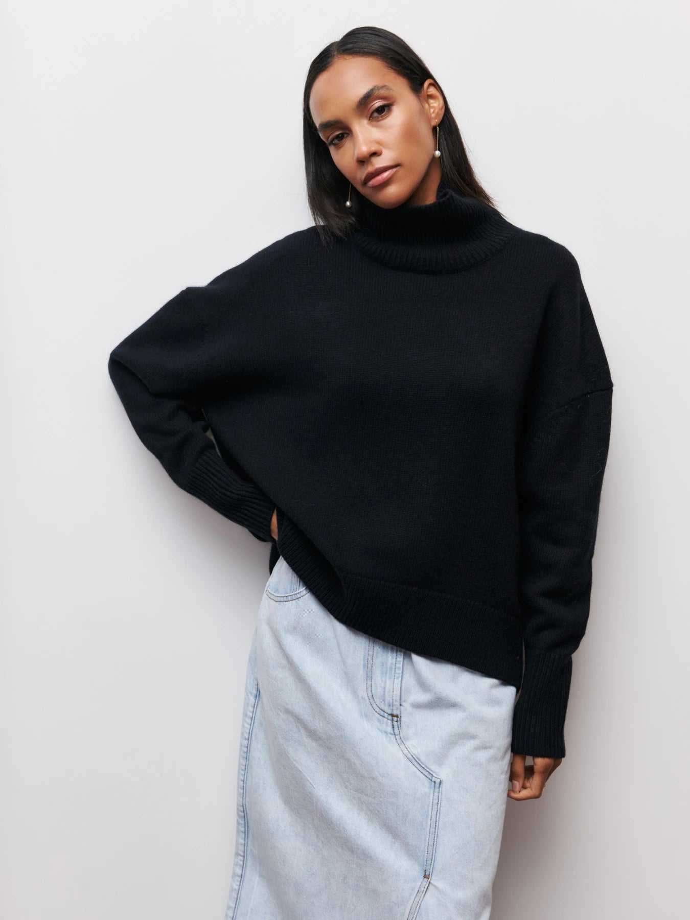 Black oversized turtleneck pullover sweater women chunky knit casual style