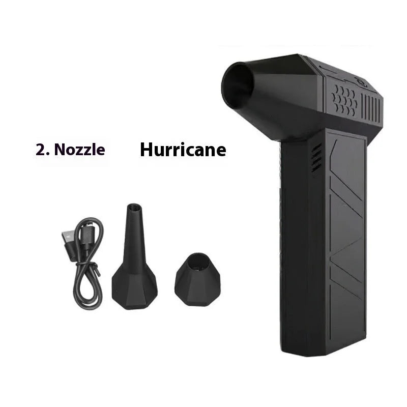 Black portable turbo fan hurricane nozzle with accessories including USB charging cable and interchangeable nozzles