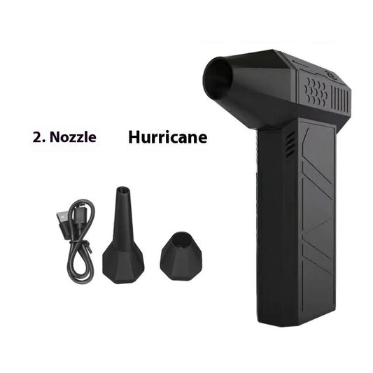 Black portable turbo fan hurricane nozzle with accessories including USB charging cable and interchangeable nozzles