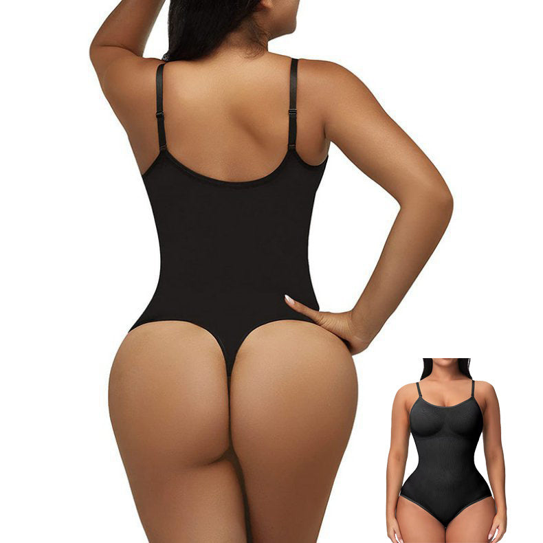 Black seamless shapewear bodysuit with adjustable straps and tummy control on model front and back view thong style