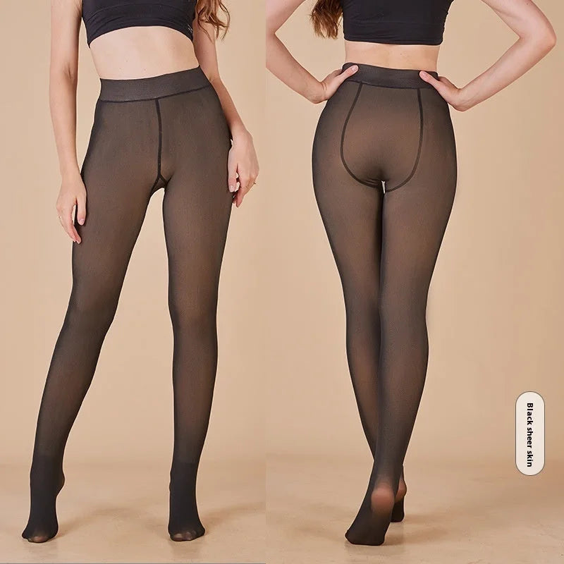 Black sheer skin warm tights front and back - women's autumn winter high elastic leggings