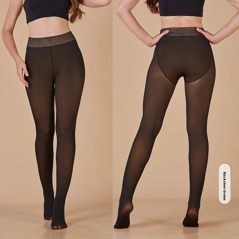 
Black sheer tights front and back view - women's high elastic one-piece warm leggings for autumn