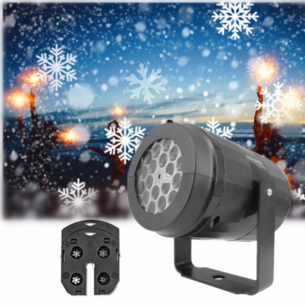 Black snowflake projector with lens cover on a festive background with snowflakes and lights.