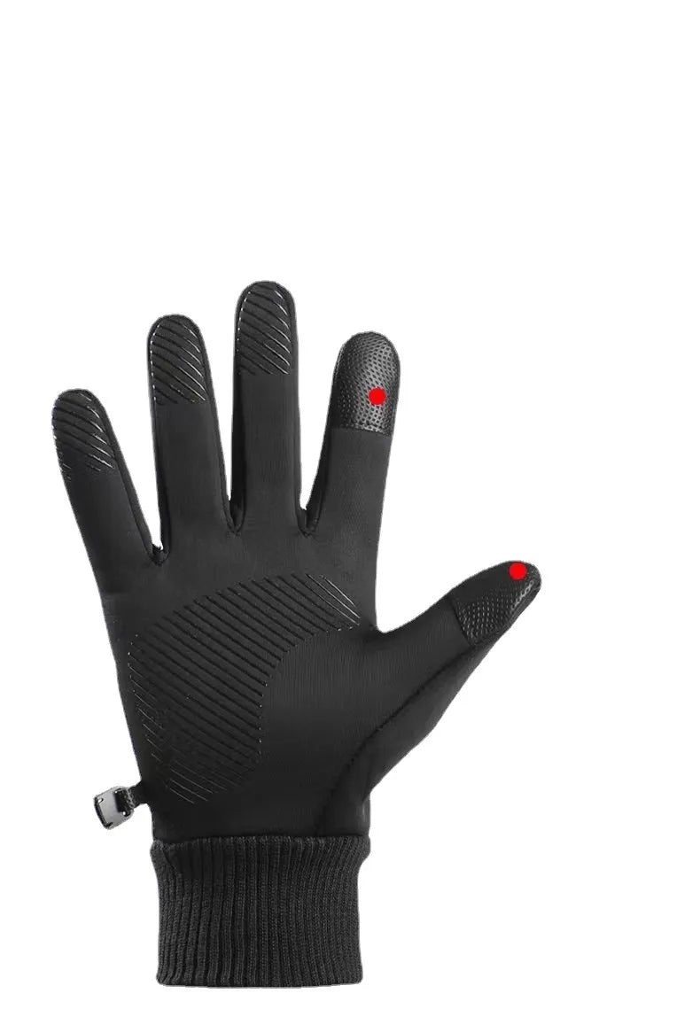 Black touch screen glove showing highlighted fingertip touchscreen pads.