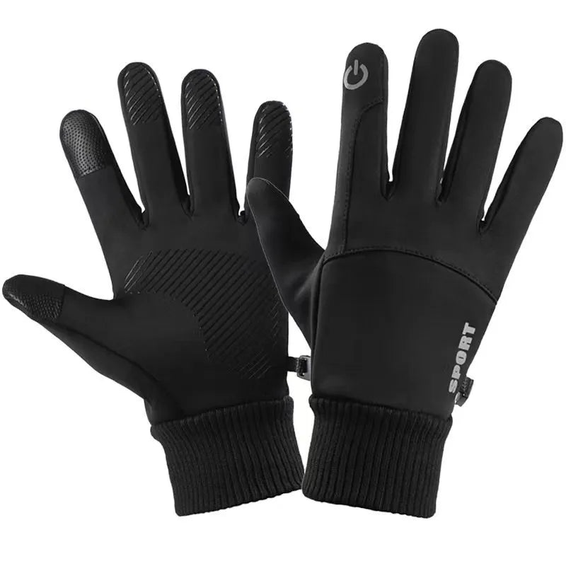 Black touch screen winter riding gloves with anti-slip grip design shown front and back.