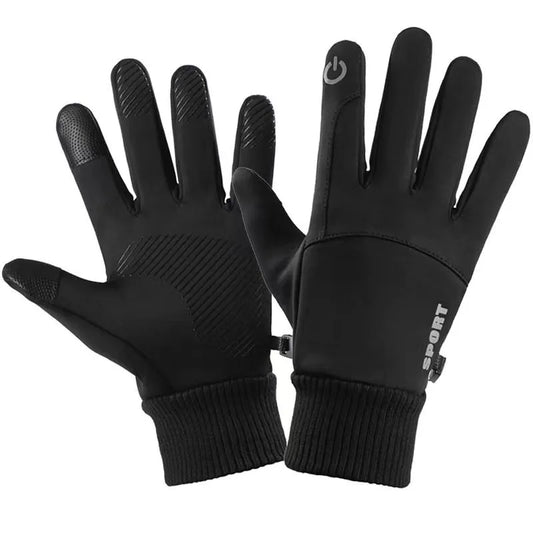 Black touch screen winter riding gloves with anti-slip grip design shown front and back.