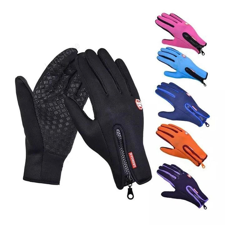 Black waterproof touchscreen gloves with a zipper and additional colored gloves on a white background