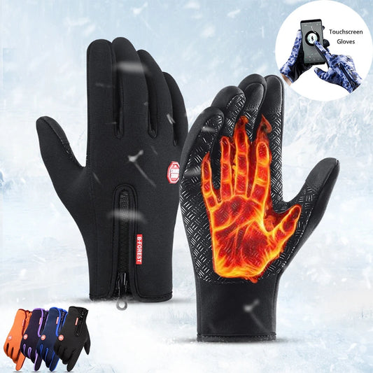 Black waterproof touchscreen winter gloves with fleece lining and anti-slip grip