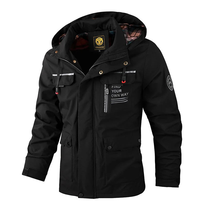 Black waterproof windbreaker jacket for men designed with multiple zipper pockets