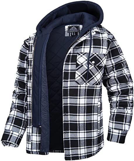 Black white plaid hooded flannel jacket dual closure warm shirt jacket men