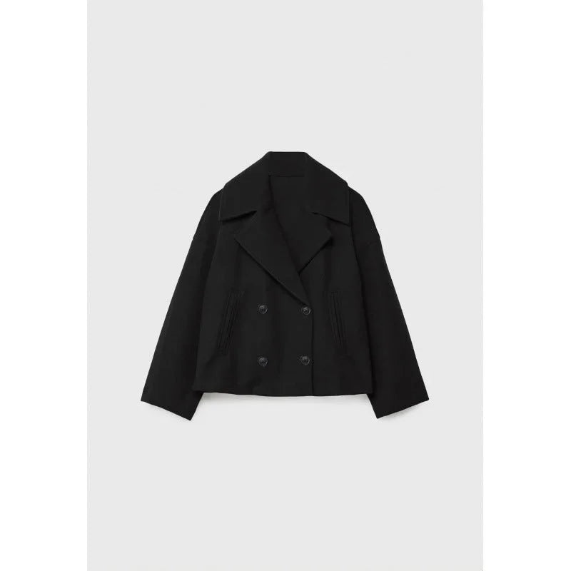 Black women's double breasted lapel blazer cropped length with wide lapels