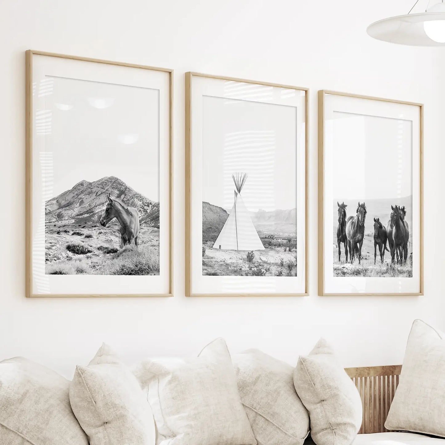 Western Wall Art Set of 3. Desert, Wild Horses, Tepee