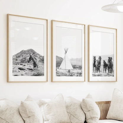 Western Wall Art Set of 3. Desert, Wild Horses, Tepee