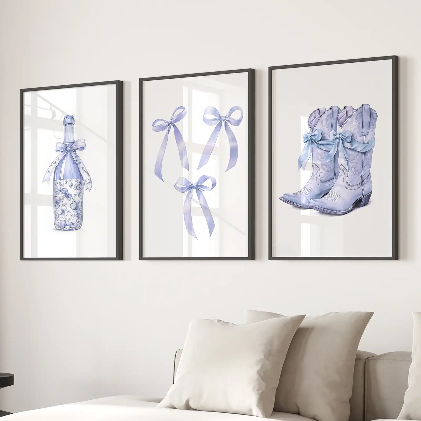 Blue Bows Western Boots Wall Art Set of 3 Prints