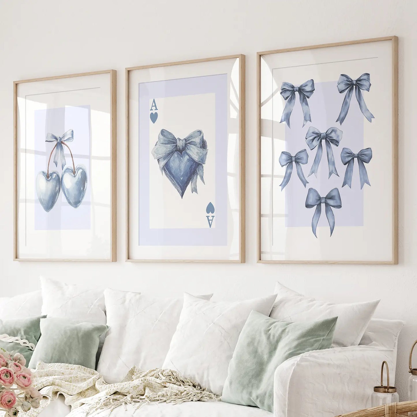 Blue coquette bows wall art set of 3 prints with hearts