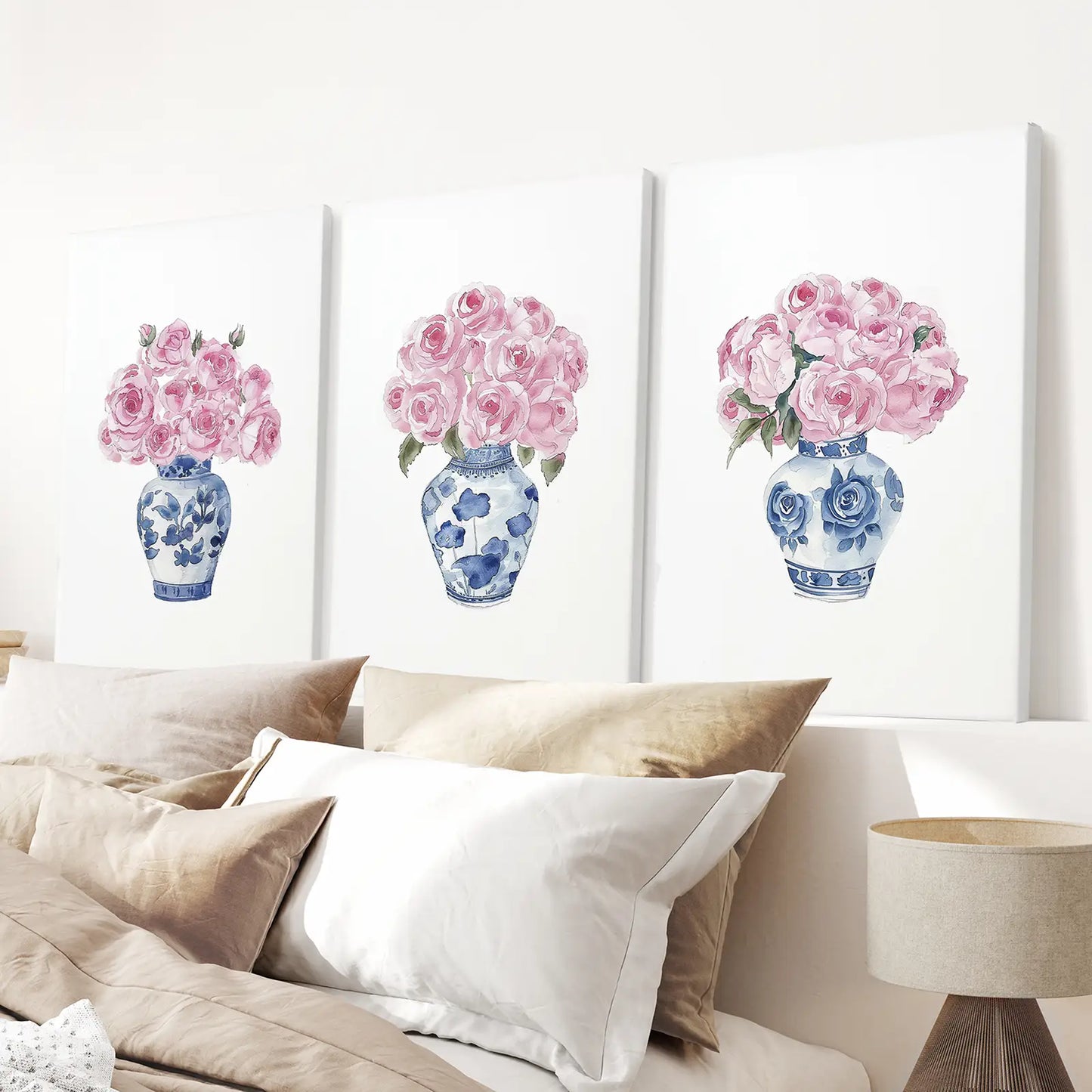 Blue Chinoiserie Roses Wall Art Set of 3 Floral Prints