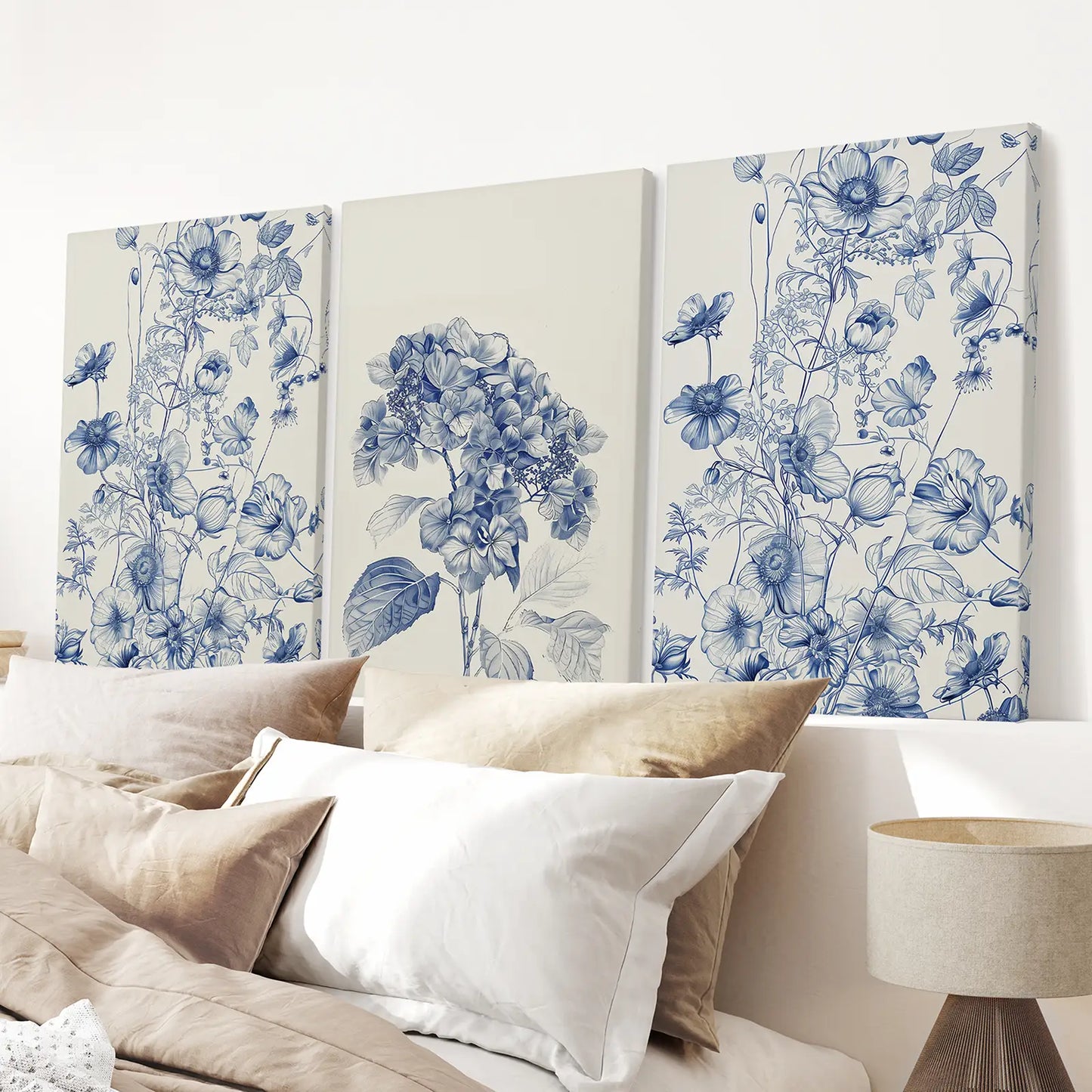 Chinoiserie Blue Flowers Watercolor Wall Art Set of 3