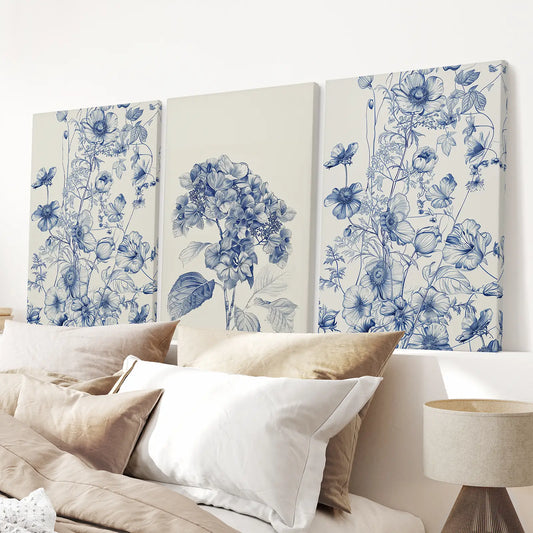 Chinoiserie Blue Flowers Watercolor Wall Art Set of 3