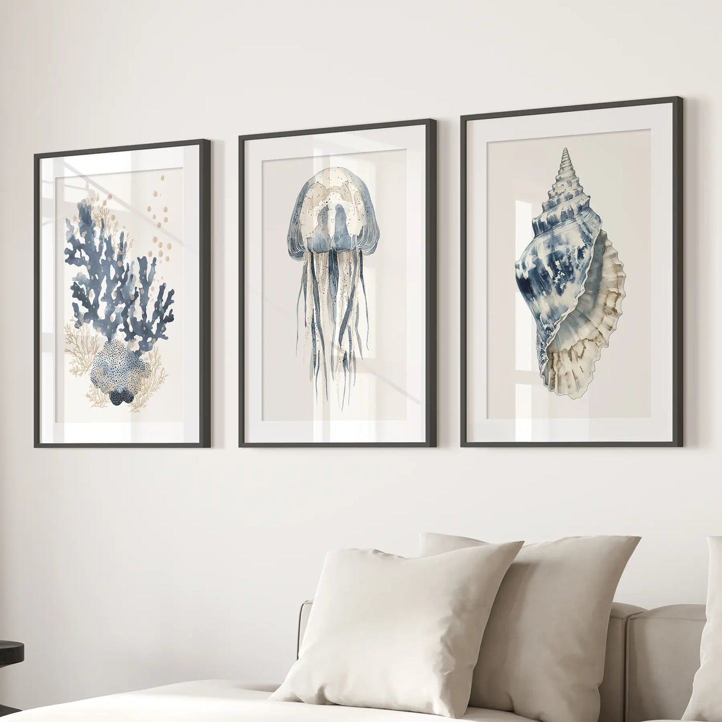Beach House Wall Art Set Blue Coral Jellyfish Shell