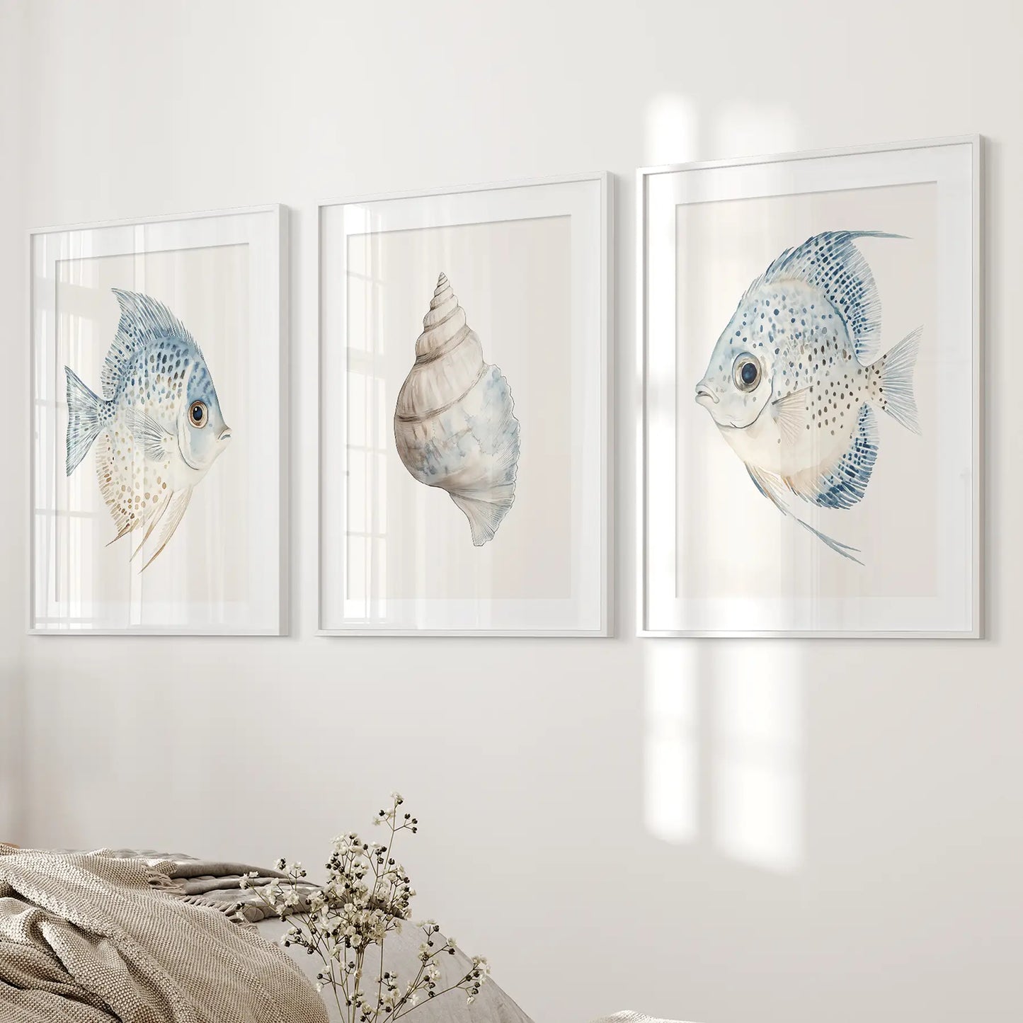 Trendy Nautical Seashell and Fish Wall Art Set of 3